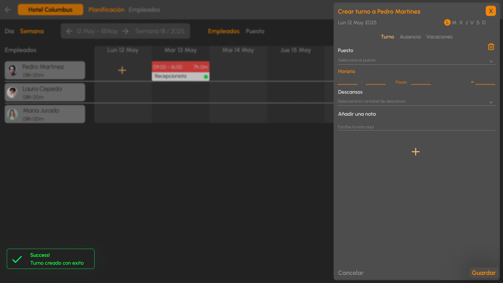 Dashboard de la aplicación mostrando creación de turnos